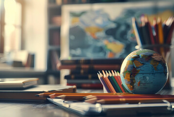 globe and pencils on desk - obrazy, fototapety, plakaty