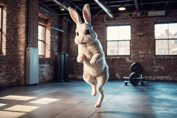 adorable white rabbit jumping in brick wall studio, work out in gym, fitness and exercise symbol