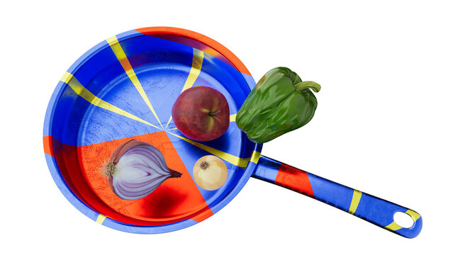 Blue Pan with Reunionese Flag-Inspired Design and Fresh Vegetables