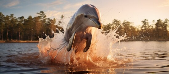 A dolphin is leaping gracefully out of the liquid, elegantly arcing through the sky against a natural landscape backdrop of trees and a serene, picturesque setting