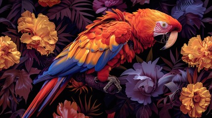 Obraz premium A vibrant pattern featuring a guacamaya (macaw) amidst colorful tropical flowers