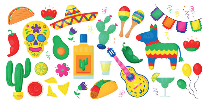 Cinco de Mayo celebration in Mexico, icons set, design element. Collection objects for Cinco de Mayo parade with pinata, food, sambrero, tequila, cactus. Vector illustration, clip art