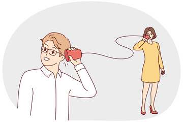 Man and woman are talking using homemade phone made from rope and cups. Guy and girl share secrets and gossip communicate at distance using handmade telegraph. Flat vector illustration