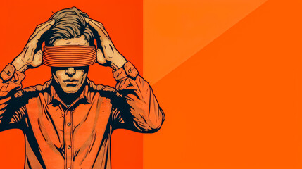 Man with blindfold in orange and blue illustration