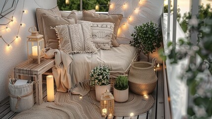 a small balcony adorned with outdoor seating, a wooden side table, lanterns, potted plants, string lights, a beige area rug, and neutral color palette in a realistic photo.