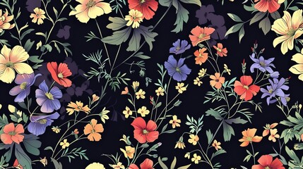 Floral design featuring hand-drawn wildflowers in a seamless pattern. Suitable for various applications such as fashion, fabrics, wallpapers, covers, websites, and wrapping.