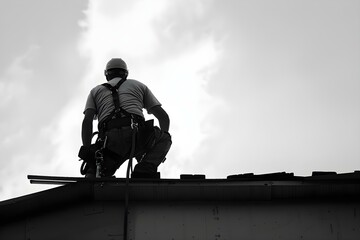 Construction worker wearing a seat belt while working on roof structure of building at construction site. Concept Construction Safety, Workplace Regulations, Roof Structure, Building Construction