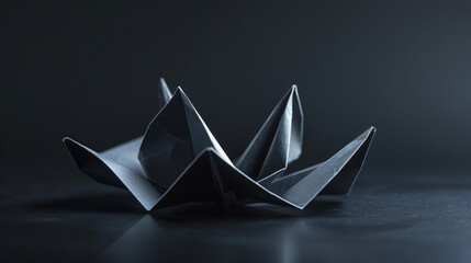 An intricately folded origami paper figure resting on a stark matte black background.