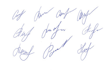 Collection of handwritten signatures. Personal contract fictitious signature set. - obrazy, fototapety, plakaty