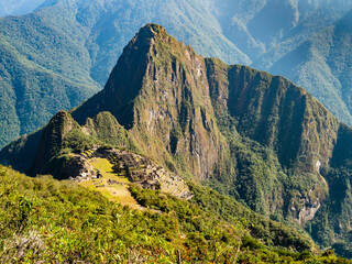 Stunning aerial view of the lost inca city Machu Picchu from Machu Picchu mountain, Sacred valley...