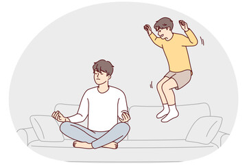 Restrained man sitting cross-legged doing yoga ignoring younger brother jumping on couch. Teenage boy frolic wanting to distract father from meditation and draw attention to himself. Flat vector image