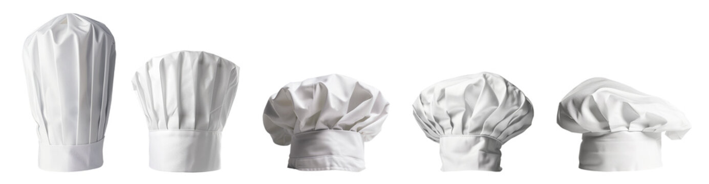 Set of white Chef hats, cook caps and baker Toque Blanche on transparent cutout, PNG file. Many different style. Mockup template for artwork graphic design