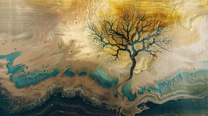 tree of life, abstract 3d oil painting, epic aerial view of dried river beds resembling a massive tree on the earth, slide design, wallpaper, copy space, 16-9, gold, green, blue, AI