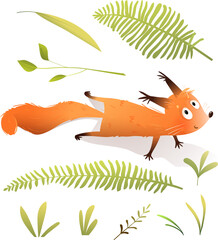 Cute funny squirrel, playful animal character for children. Illustrated running or climbing little squirrel character for kids. Isolated vector animal clipart for children in watercolor style. - 767369999