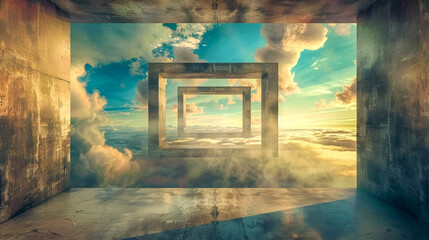 Surreal tunnel with iterative frames opening to a cloudy sky, evoking depth and creativity