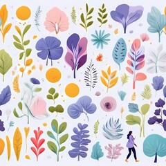 A collection of seamless pattern, colorful abstract plants and flowers. Hand drawn Collection of leaves and flowers. A close up of a pattern of flowers and leaves.
