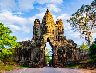 Stunning view of the South Gate of Angkor Thom complex, Siem Reap, Cambodia