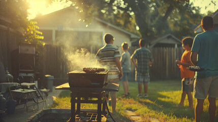A backyard 4th of July barbecue party with friends and family gathered around the grill. - obrazy, fototapety, plakaty