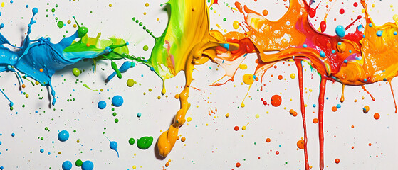 Vibrant splashes of paint in red, blue, yellow, and green on a white canvas.