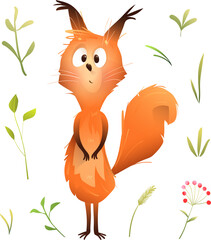 Cute funny squirrel, playful character for children. Illustrated hilarious excited squirrel animal character for kids. Isolated vector character clipart for children in watercolor style. - 767370510
