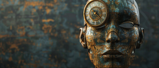 Futuristic steampunk cyborg face with clock eye and textured metal.