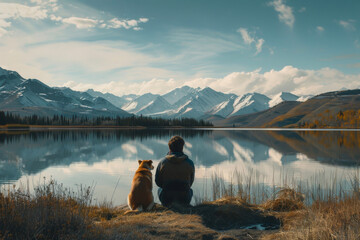 Serene Bonding Time: A Person and Their Dog Enjoy the Peaceful View of a Mountain Lake