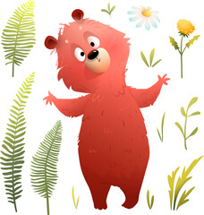 Cute funny bear hugging, big furry animal character for children. Illustrated adorable smiling bear, inviting kids to play. Isolated vector forest animal clipart for children in watercolor style. - 767370916