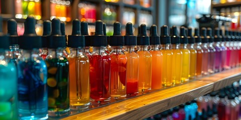 Vibrant e-cigarettes with fruity flavors symbolizing vaping and nicotine dependency in a vape shop. Concept Vape Shop, E-cigarettes, Fruity Flavors, Nicotine Dependency, Vibrant Colors - obrazy, fototapety, plakaty