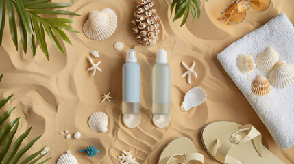 A beach-inspired flat lay with seashells a beach towel sunscreen and a pair of flip-flops on a sand-colored background.