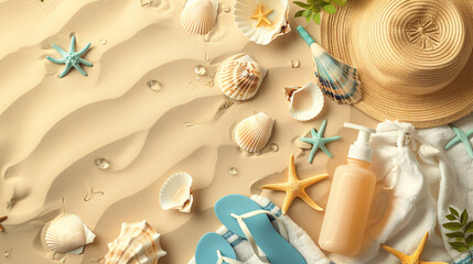 A beach-inspired flat lay with seashells a beach towel sunscreen and a pair of flip-flops on a sand-colored background. - obrazy, fototapety, plakaty