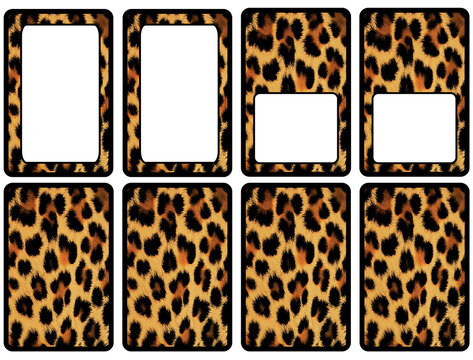 Set of leopard tags, full pattern reverse, frame obverse. Isolated. Collection of tiger label illustrations with empty white frames for your text.