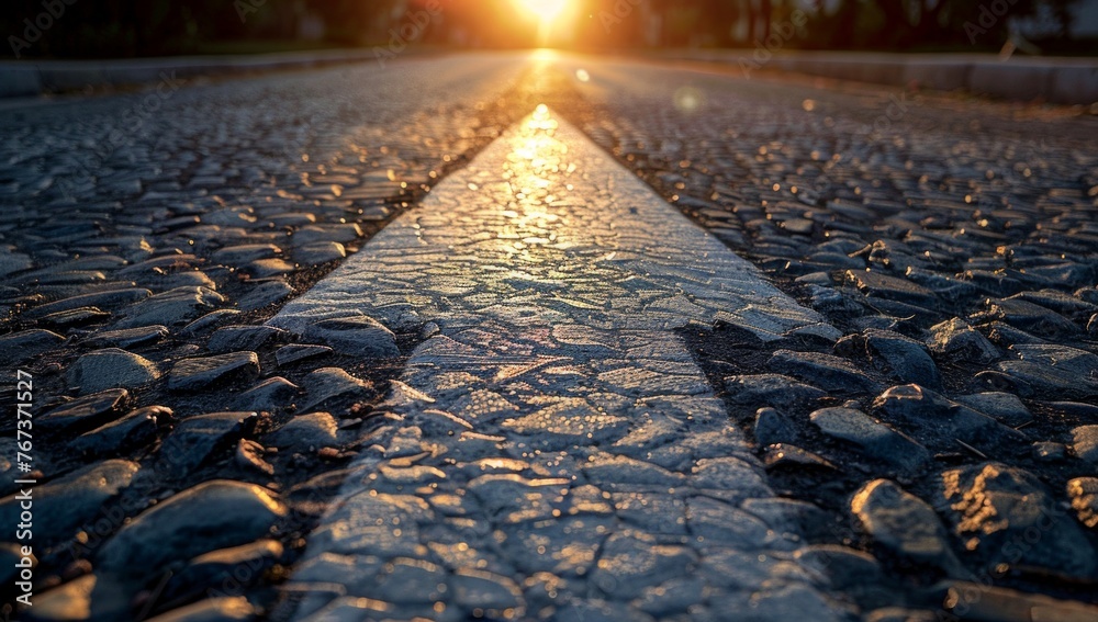 Wall mural A straight road with an arrow painted on it, leading towards the horizon The sun is setting in the background casting long shadows over cobblestones and asphalt Generative AI