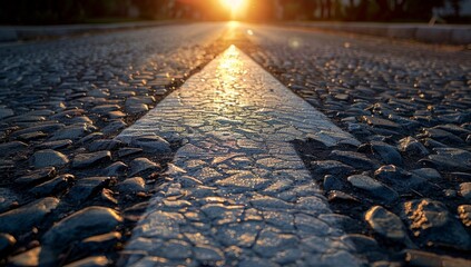 A straight road with an arrow painted on it, leading towards the horizon The sun is setting in the background casting long shadows over cobblestones and asphalt Generative AI - obrazy, fototapety, plakaty