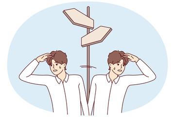 Two men stand at crossroads and look at different sides sweating because of need to make difficult decision. Concept search for opportunities to overcome crisis in business. Flat vector design