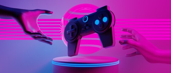 3d illustration rendering of joystick controller technology futuristic cyberpunk display, gaming scifi stage pedestal background