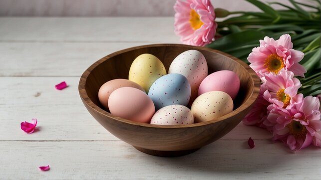 A wooden bowl with colorful painted easter eggs surrounded by beautiful pink flowers. Pasqua background wallpaper illustration photography concept.
