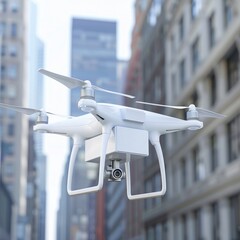 A delivery drone glides above a bustling city street, seamlessly navigating urban landscapes to deliver packages with efficiency and precision. Generative AI.