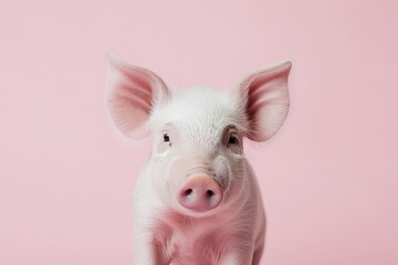 Closeup piglet against a pink background 