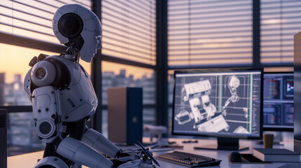 an advanced humanoid style robot with artificial intelligence designing a sheet metal part in CAD on a computer in an office setting.  Generative AI - obrazy, fototapety, plakaty