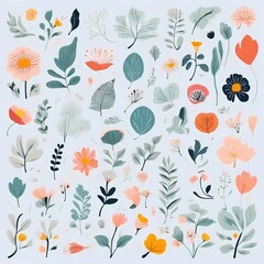 A collection of seamless pattern, colorful abstract plants and flowers. Hand drawn Collection of leaves and flowers. A close up of a pattern of flowers and leaves.
