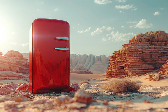 Iconic retro red refrigerator stands alone in a stark rocky wilderness, a bold pop of color against the rugged backdrop, embodying vintage charm in solitude. Generative AI.