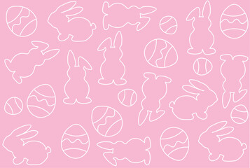 seamless Easter pattern with bunnies and eggs on a pink background. Suitable for cards, banners, wrapping paper, textiles and wallpaper.