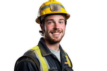 Fototapeta premium A close-up image of a man in work clothes and a yellow helmet