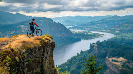 A mountain biker paused at a scenic overlook contemplating the vista. - obrazy, fototapety, plakaty