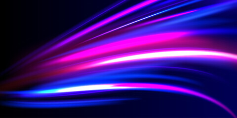 Luminous bright background. High speed effect motion blur night lights blue and red. Magic shining neon light line trails. Purple glowing wave swirl, impulse cable lines. Long time exposure. Vector