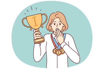 Puzzled woman with cup and medals of winner of sports olympiad covers mouth with hand. Discouraged girl surprised by annulment of competition results due to doping scandal. Flat vector illustration - obrazy, fototapety, plakaty