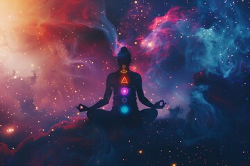 Fototapeta na wymiar Meditating human silhouette in yoga lotus pose. Galaxy universe background. Colorful chakras and aura glow. Meditation on outer space background with glowing chakras. Esoteric.