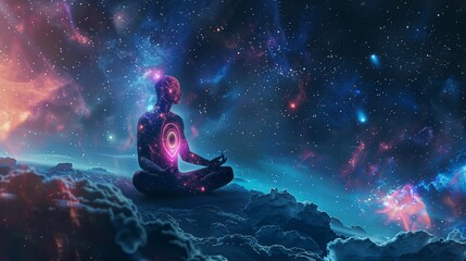 Meditating human silhouette in yoga lotus pose. Galaxy universe background. Colorful chakras and aura glow. Meditation on outer space background with glowing chakras. Esoteric.