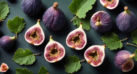 Fresh raw figs with green leaves on dark background. Top view, flat lay. Generative AI