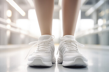 Ready to run: Close-up of athlete's feet in white sneakers on gym floor, focus on fitness and health.